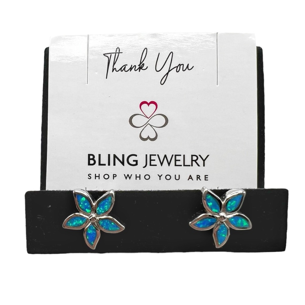 NWOT Synthetic Blue Opal Inlay Sterling Silver Flower Stud Earrings